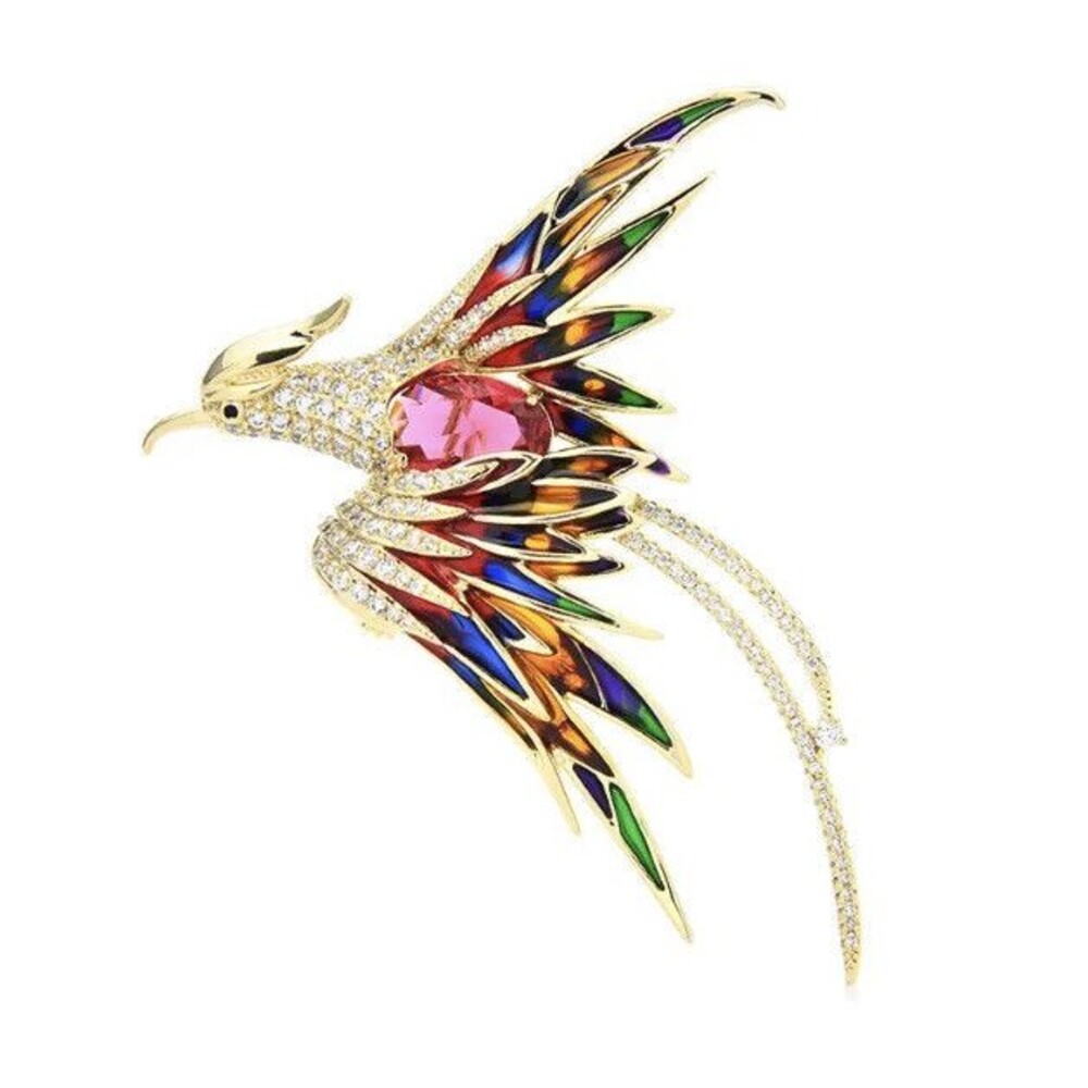 Phoenix Brooch Pin, Crystal and Enamel Bird Pendant, Pink Crystals